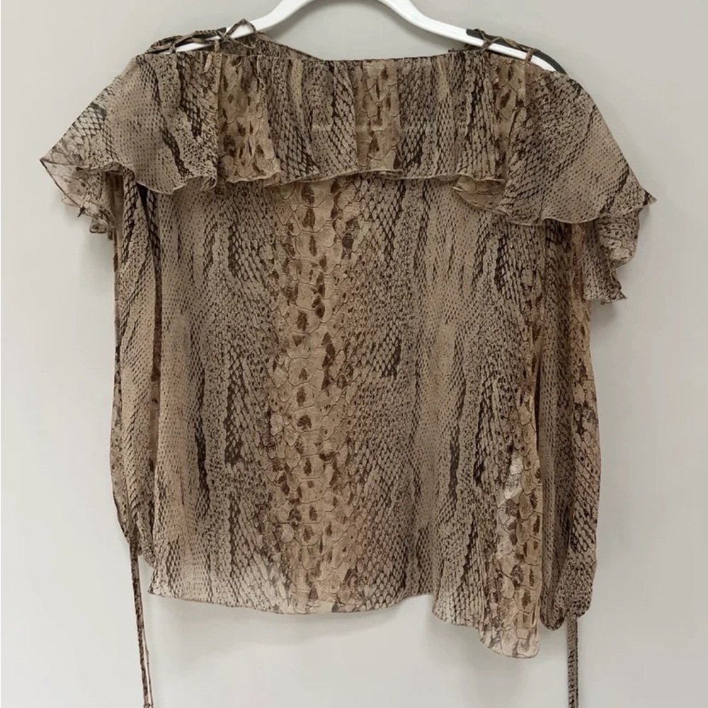 Blumarine Beige Snake-Print Ruffle Off-Shoulder Blouse